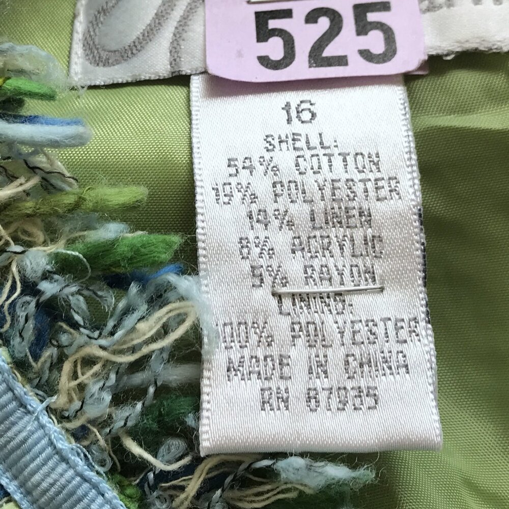 Dressbarn Sz 16 Tweed Open Front Blazer Fringe Pockets Green Blue - Picture 9 of 9